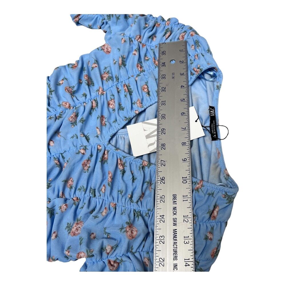 ZARA Blouse Blue Floral Tulle Ruched Cropped Feminine - Picture 7 of 13